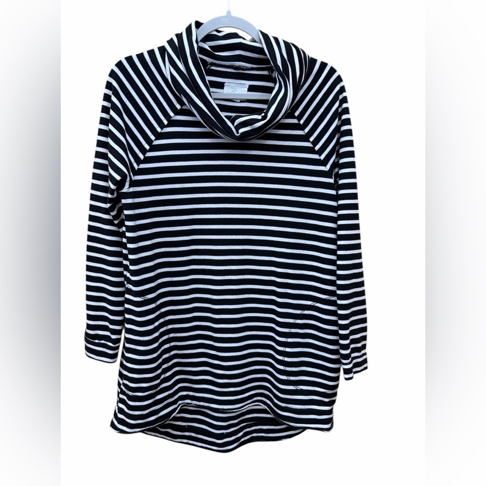 Caslon Black & White Striped Knit Tunic Top, Cowl Neck, High/Low Hem Size Medium